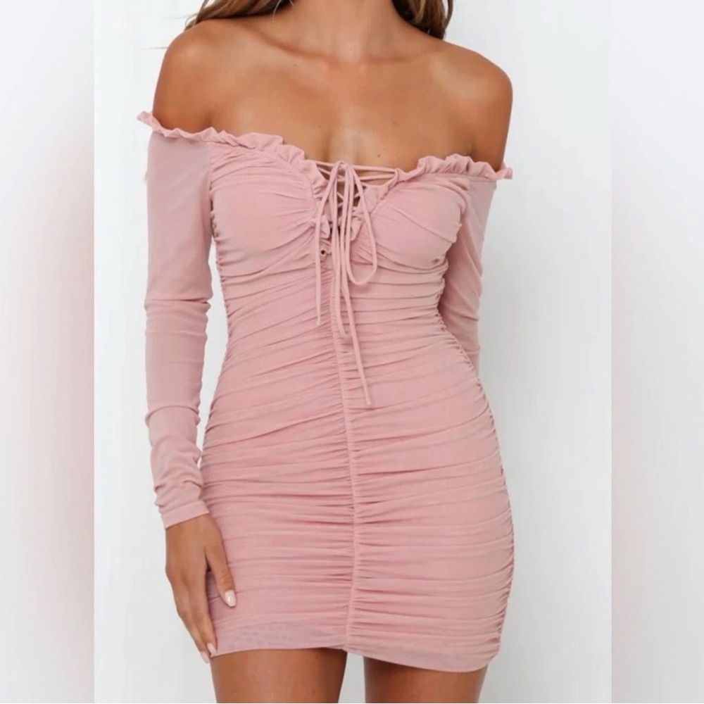 Hello Molly Can I Get A Witness" Pink Ruched Mesh Bodycon Mini Dress